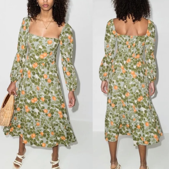 Reformation Mica Orange Print Long Sleeve Smocked Midi Dress Size 2